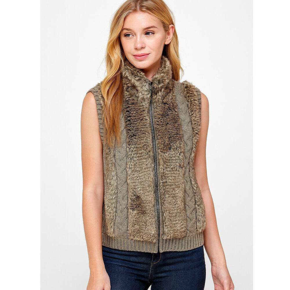2/$30 Fuda Faux Fur Cable Knit Vest Tan Brown Full Zip Size S